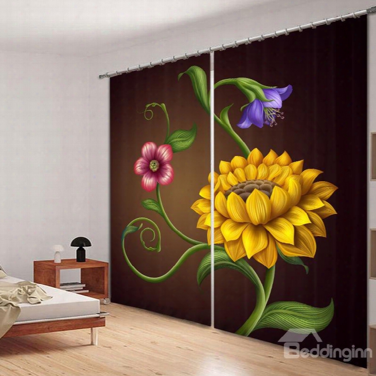 Designer Yellow Flowers 3d Printing Polyester Curtain