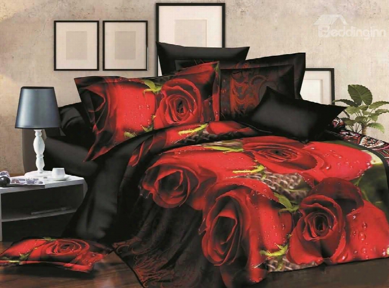 Dewy Red Rose 3d Printed Polyester 4-piece Bedding Sets