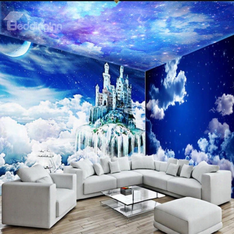 Dreamy White Clouds And Starry Sky Pattern Combined 3d Ceiling And Wall Murals