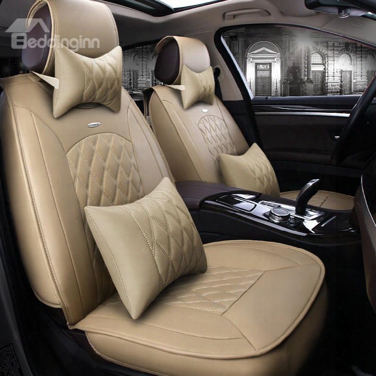 Easy Matched Beige Color Luxury Grid Manner Design Durable Pvc Material Universal Five Car Seat Cover