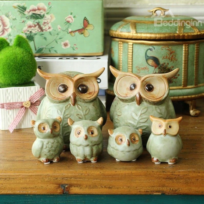 Fancy Ceramic Owls Shape Design 6 Pieces Home Desktop Decorations