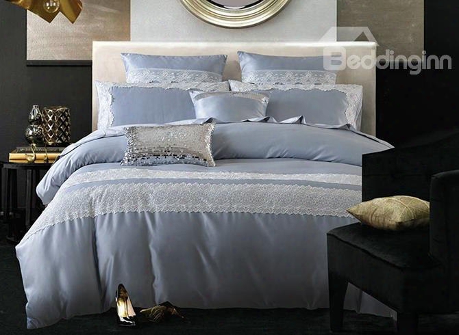 Fancy Lace Edging Blue 4-piece Duvet Cover Sets