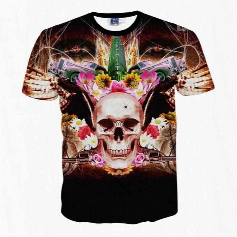 Fantastic Round Neck Skull Pattern 3d Painted T-shirt