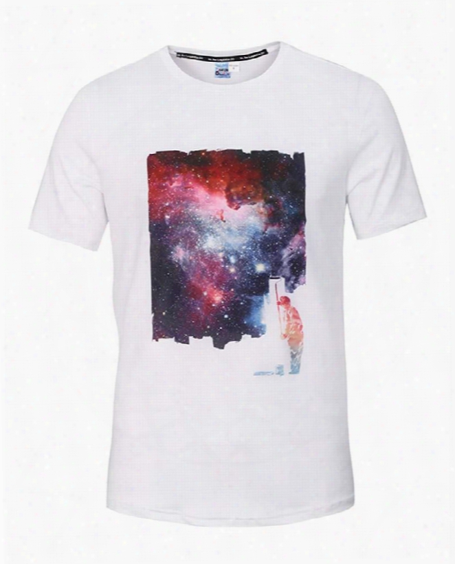 Fashion Roudn Neck Galaxy And Man Pattern White 3d Painted T-shirt