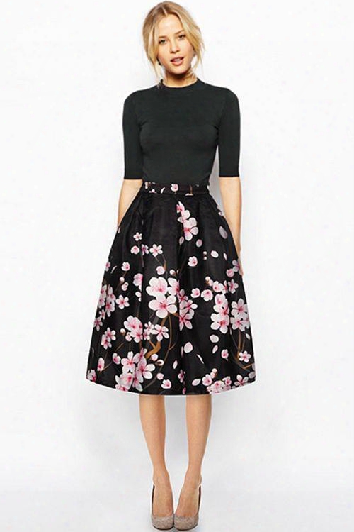 Floral Stunning Peach Blossom Pattern Black Background 3d Painted Midi Skirt