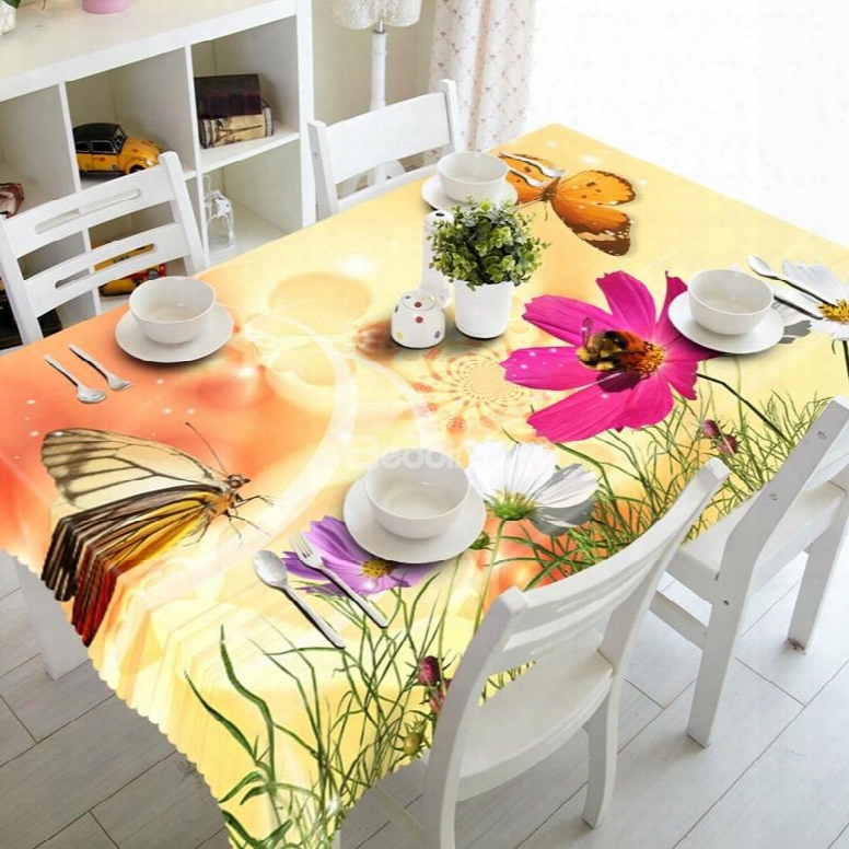 Fersh Butterflies And Flowers Prints Washable Dining Room Decoration 3d Tablecloth