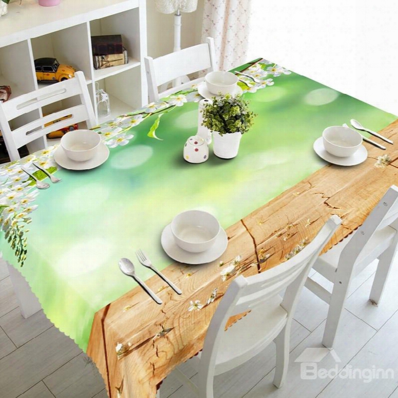 Fresh Simple Style White Flowers Prints Polyester Fibre Washable 3d Tablecloth