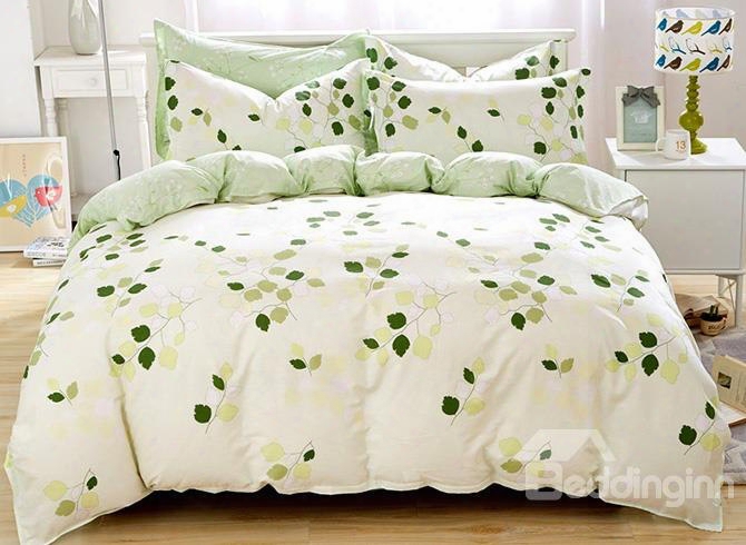 Fresh Style Green Leaves Print 4-piece Cotton Duvet Coveer Sets