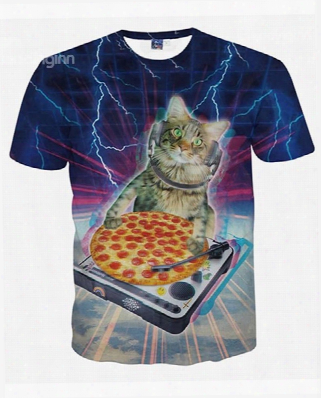 Funny Round Neck Cat And Pizza Pattern 3d Painted T-shirt