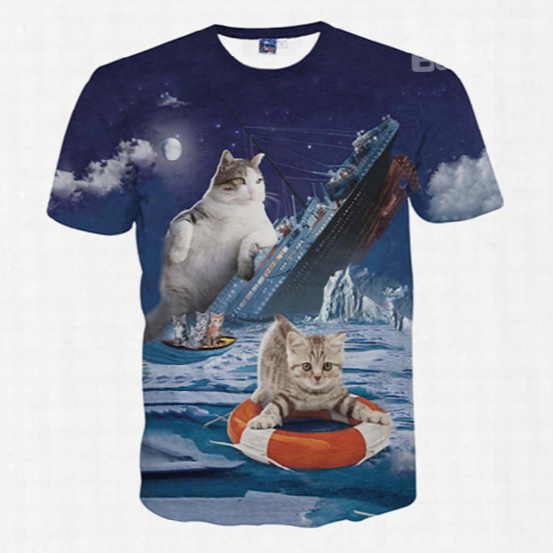 Glamours Round Neck Sinking Ship Ad Cats Pattern 3d Painted T-shirt