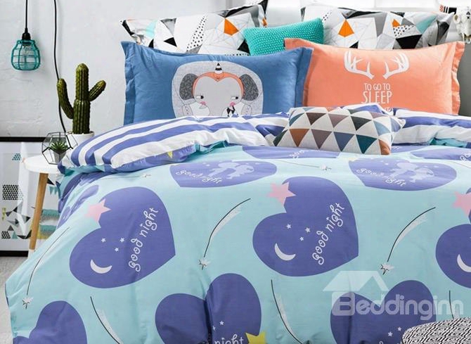 Gorgeous Blue Heart Print 4-piece Cotton Duvet Cover Sets