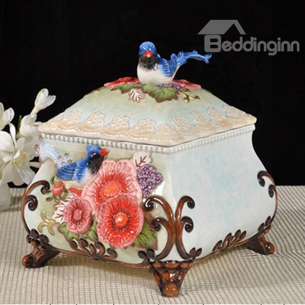 Gorgeous Magpie And Flower Pattern Jewelry Box Painted Pottery