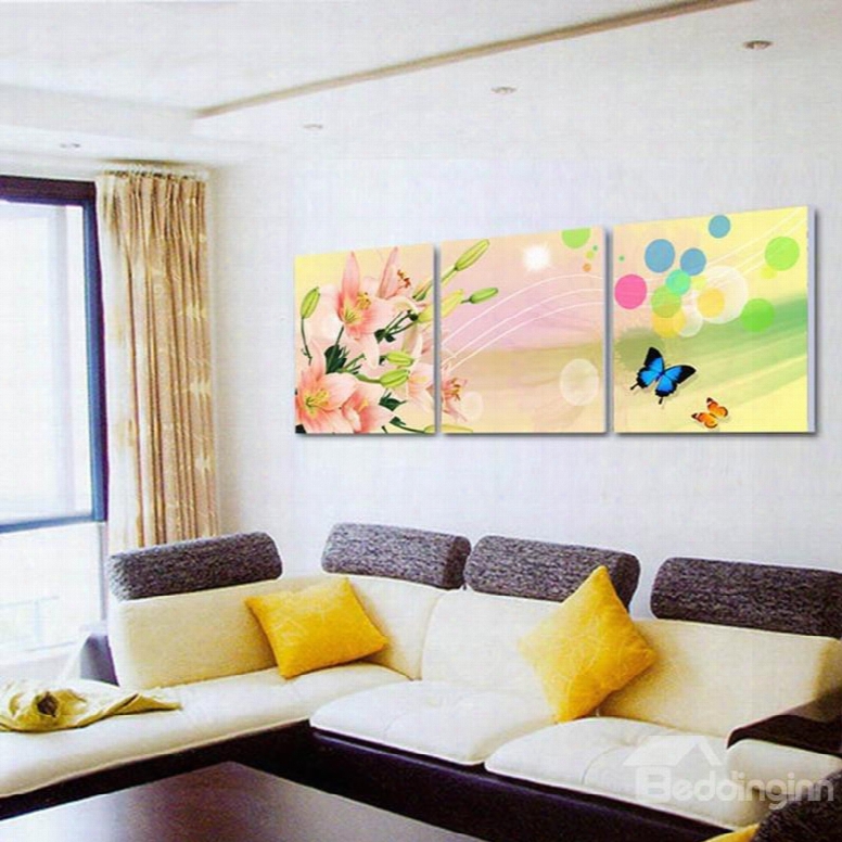 Graceful Colorful Flowers And Butterflies Pattern Framed Wall Art Prints