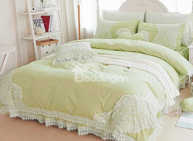 Graceful Olive Green Lace Embellshment 4-piece Cotton Duvet Cover Sets