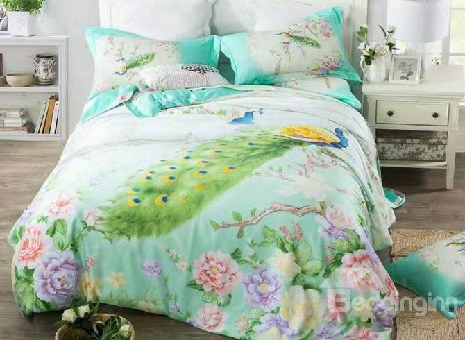 Graceful Peacock Print Green Tencel 4-piece Duvet Cover Sets