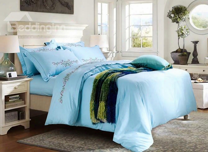 Gracious Flowers Embroidery Sky-blue Cotton 4-piece Duvet Cover Sets