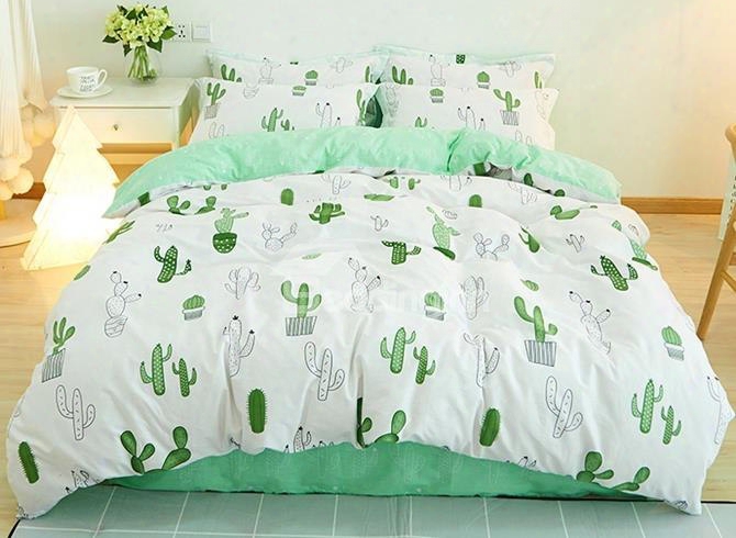 Green Cactus Print Fresh Style Cotton 4-piece Bedding Sets