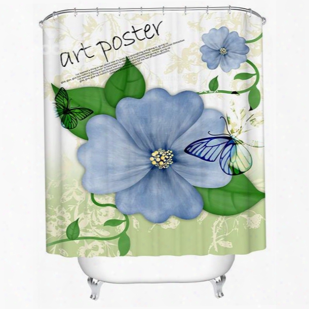 Hand Painting Blue Flowers Print 3d Bathroom Shower Curtain