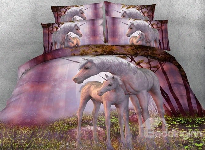 Heart-warming 3d Unicorn Printed Pink 5-piece Comforter Sets