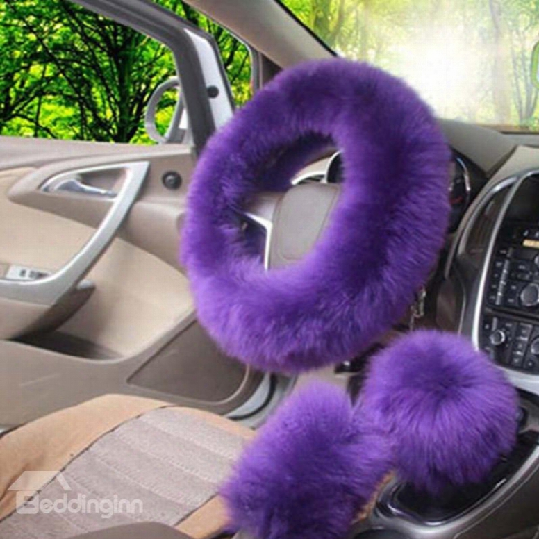 High-grade Warm Long Plush Material Charming 3-pieces Medium Car Steering Wheel Cover Sets