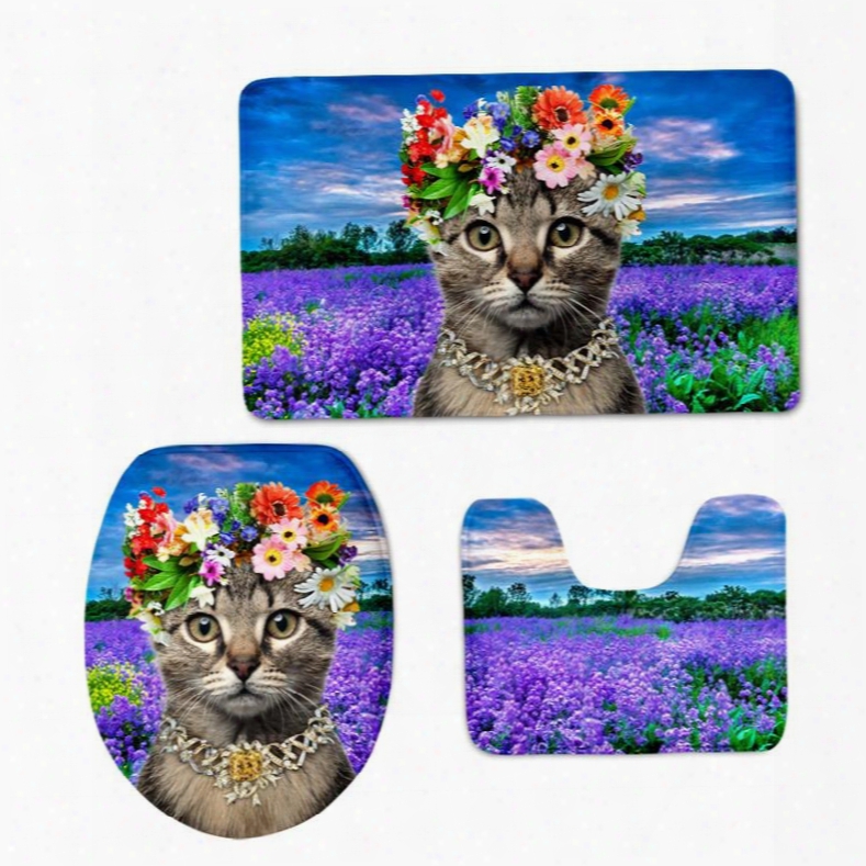 Lady Cat In The Lavender Field 3d Printing 3-pieces Toilet Seat Cover