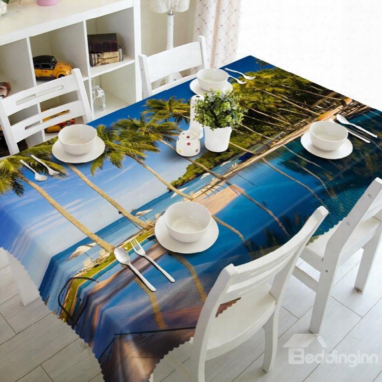 Leisurely Palm Trees By The Sea Prints Washable Polyester Fibre 3d Tablecloth