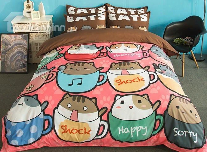 Likable Kittens In Cups Print 4-piece Polyester Duvet Cover Sets