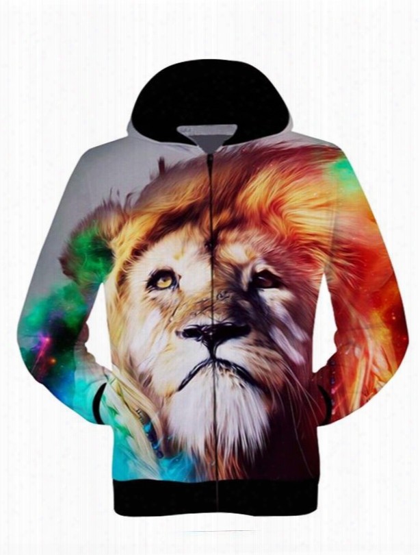 Long Sleeve 3d Painted Multicolor Lion Face Pattern Zipper Hoodie For Men
