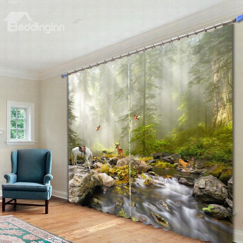 Lovely Annimals In The Forest 3d Printed Polyester Curtain