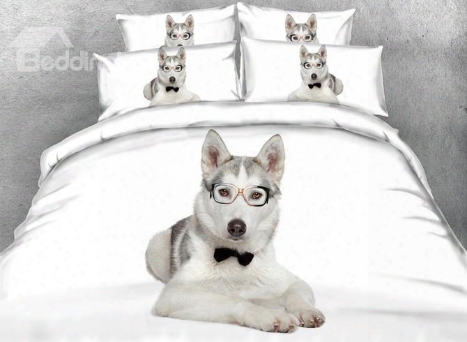 Lovely Husky With Glasses Print 5-piece Comforter Sets