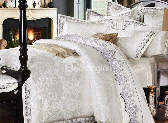 Luxurious White Satin Furrow Lace Edging 4-piece Cotton Bedding Sets/duvet Cover