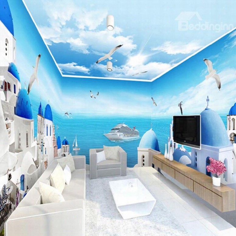 Mediterranean Style Blue Sea And Sky Pattern Combined Waterproof 3d Ceiling And Wall Murals