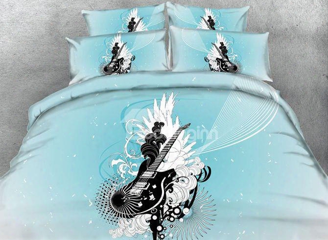 Modern Style Guitar Print Blue 5-piece Comforter Sets