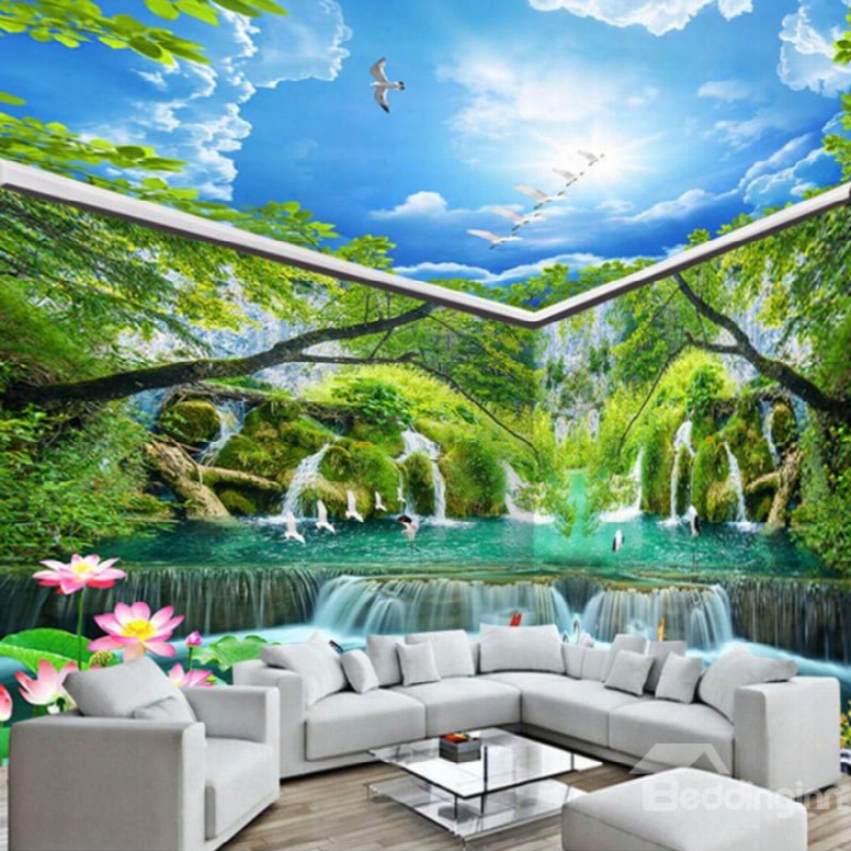 Natural Waterfalls In The Mountain And Blue Sky Combined 3d Ceiling And Wall Murals