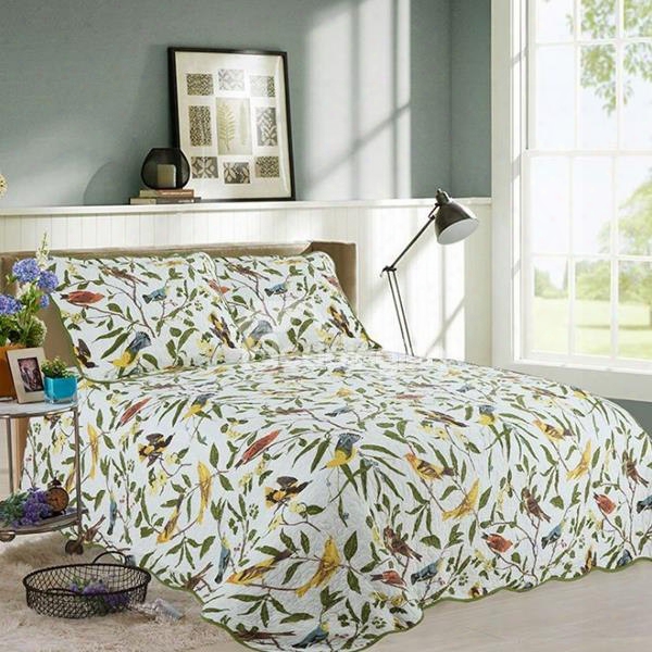 Pastoral Style Birds And Blooms Print Cotton Bed In A Bag Set