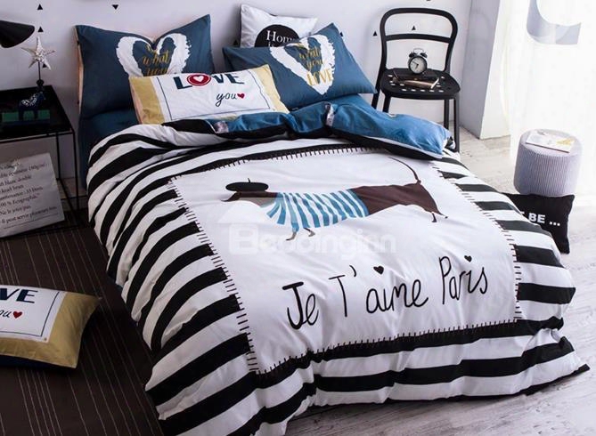 Personalized Dog And Stripes Print 4-piece Duvet Cover Sets