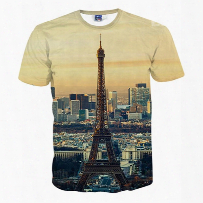 Placid Round Neck Eiffel Tower Pattern 3d Painted T-shirt