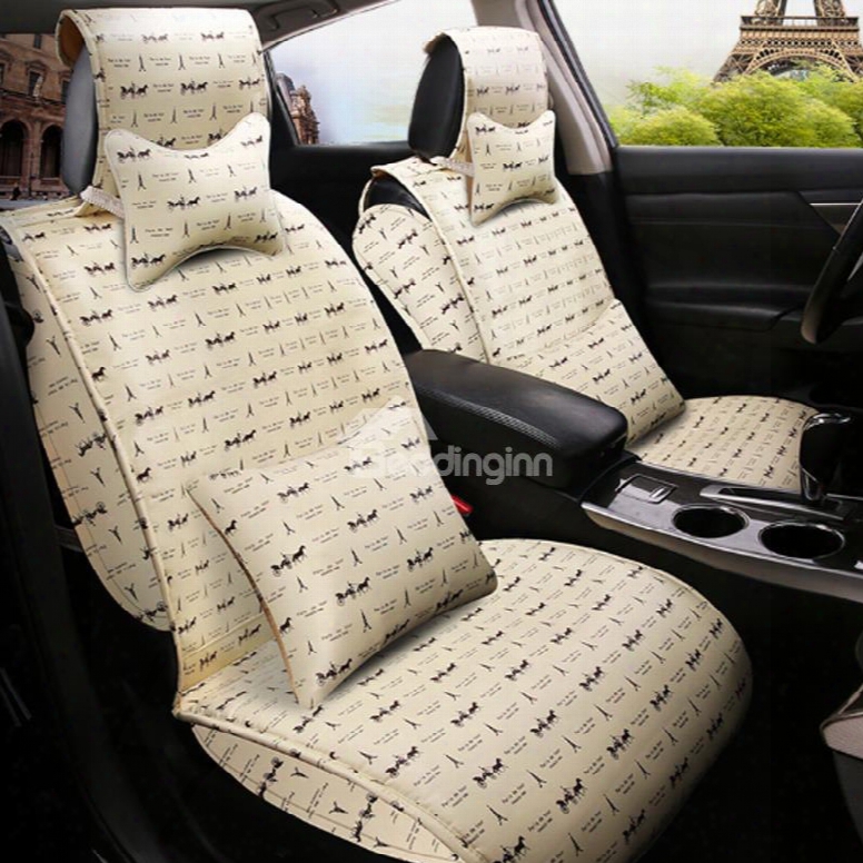 Popular Eiffel Tower And Classic Horse-drawn Carts Pattern Design Pu Material Universal Car Seat Cover