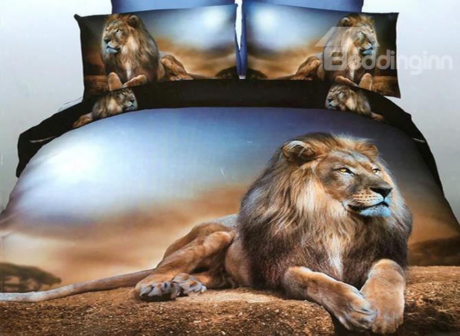 Powerful Lying Lion 4-piece Polyester 3d Duvet Cover