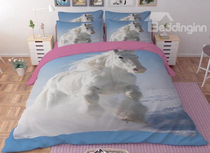 Pretty 3d White Horse Printed 4-piece Polyester Duvet Cover Sets