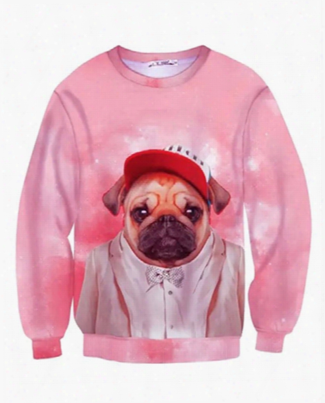 Pretty Long Sleeve Dog In Cloth Pattern Pink Inner Suede 3d Painted Hoodie