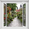 Red Flower and Green Trees on Both Sides of Lane 3D Wall Stickers