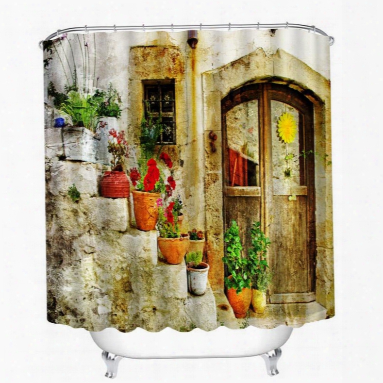 Quaint Door And Colored Flowers 3d Printed Bathroom Waterproof Shower Curtain