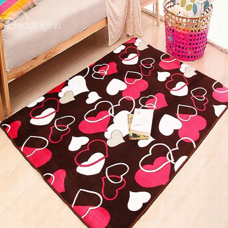 Rectangle Lovely White And Pink Heart Pattern Washable Area Rug