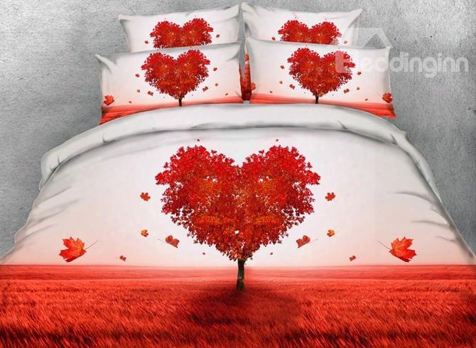 Red Heart Shaped Tree Print 5-piece Comforter Sets