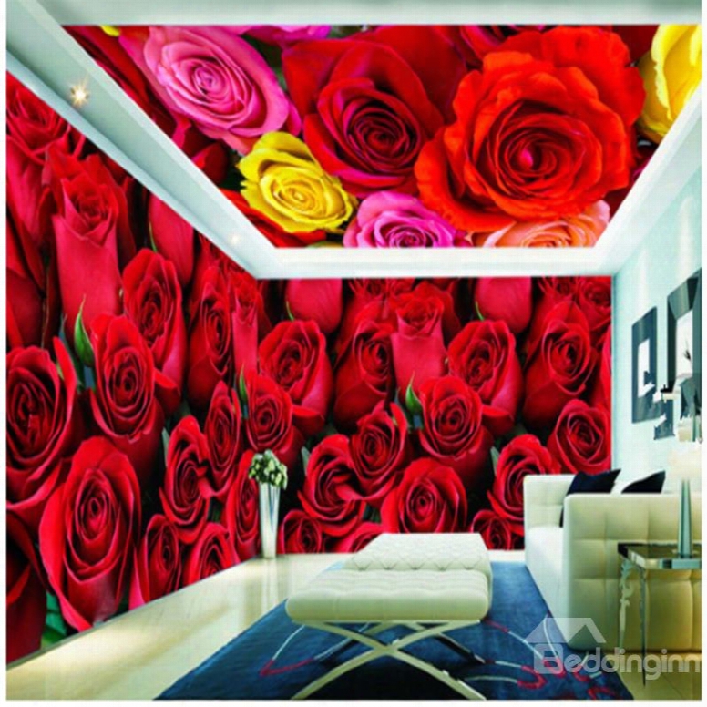Romantic Red Roses Pattern Waterproof Combined 3d Ceiling And Wall Murals