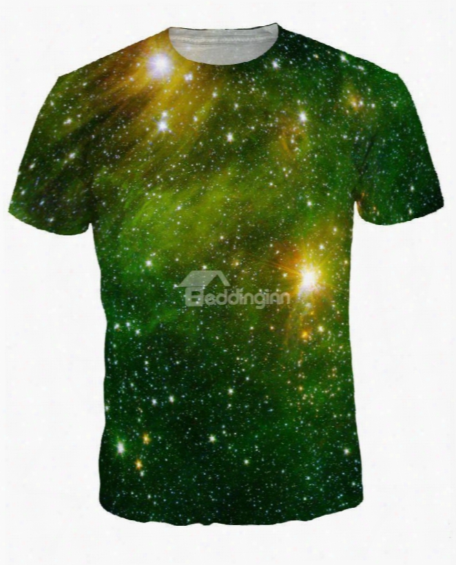 Shining Round Neck Green Galaxy Pattrn 3d Painted T-shirt