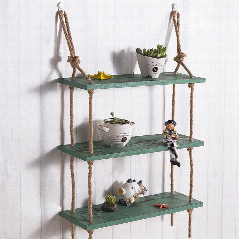 Simple Country Style Wood And Hemp Rope Home Decorative Wall Shelves