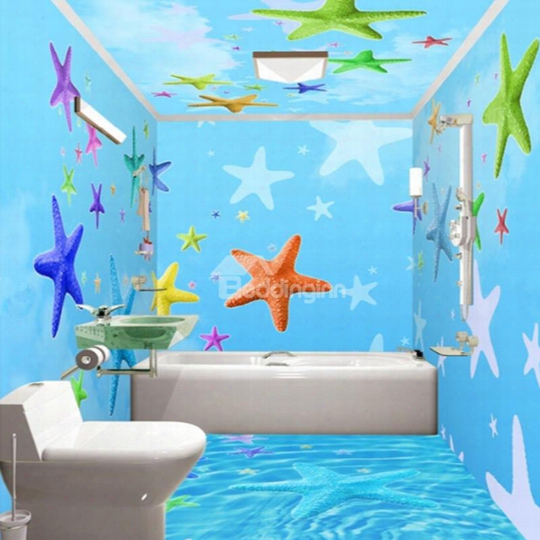 Sky Blue Simple Style Colorful Sea Starfish Pattern Waterproof 3d Bathroom Wall Murals