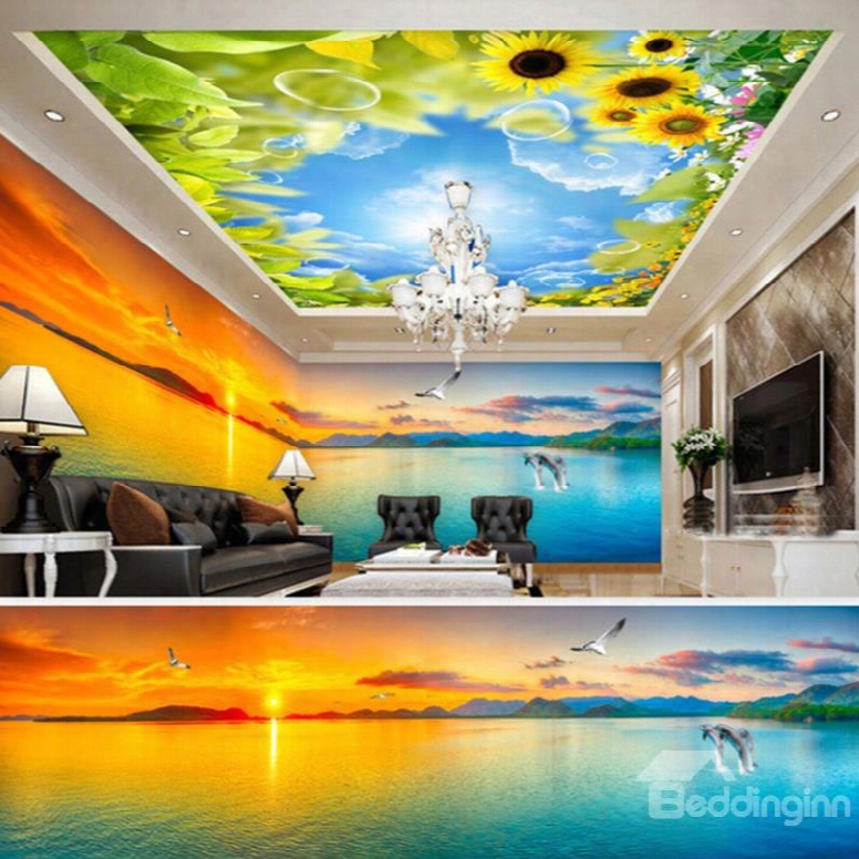 Special Design Sunset Sea Scenery And Sunflowers Pattern Combined 3d Ceiling And Wall Murals